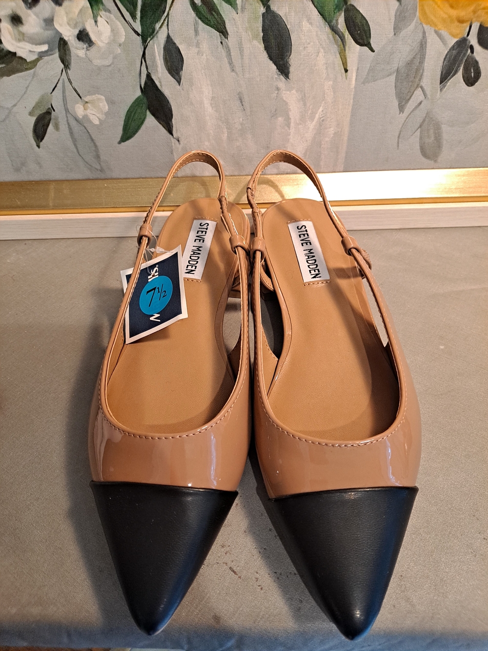 Steve Madden Allure Glossy Patent TanBlack Pointed Toe Slingback Low Heel NWT